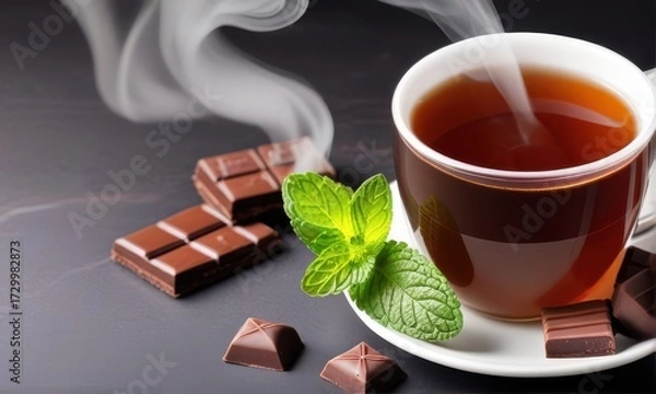 Fototapeta Steaming Cup of Tea with Dark Chocolate and Fresh Mint Leaves on Slate Table