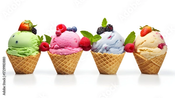 Fototapeta Variety of Ice Cream Scoops in Waffle Cones Isolated on White.