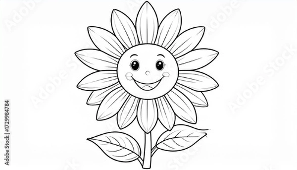 Obraz Adorable sunflower with a happy face, bold outlines for easy coloring. Perfect for children’s activity books, education, nature themes, DIY crafts, and joyful printable art.