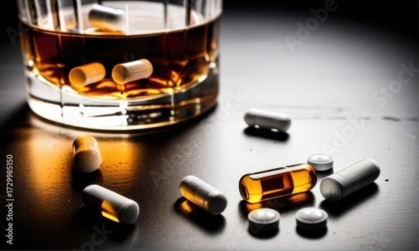 Fototapeta Whiskey Glass with Pills and Capsules Scattered on a Dark Surface under Soft Lighting