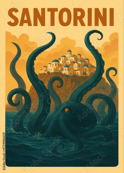 Fototapeta Vintage Style Travel Poster Of A Giant Kraken Octopus Rising From The Aegean Sea Towards Santorini Island. Greek Destination Art, Mythological Monster, Sci Fi Attack