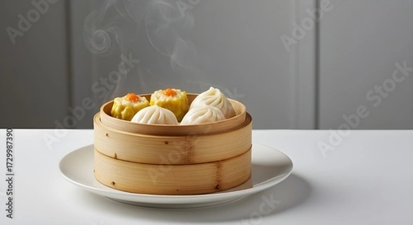 Fototapeta "A Japanese sushi platter with sashimi and nigiri, glossy textures, steam from freshly cooked rice, minimalist side angle, white background."