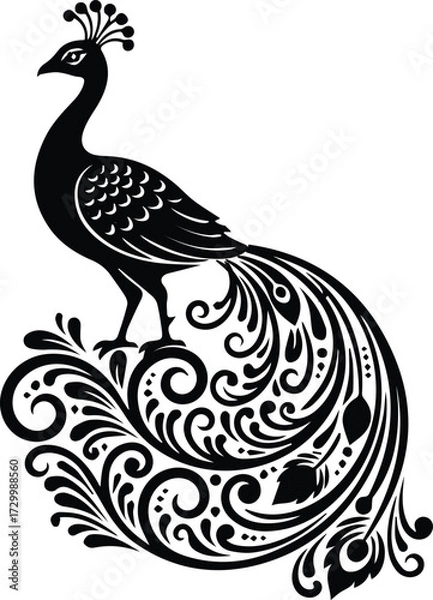 Fototapeta Ornate Peacock Silhouette with Swirls