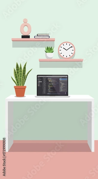 Fototapeta A desk with a laptop displaying code, shelves with decorations, and a plant in a minimalist room.