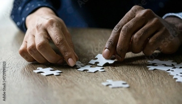 Obraz Close-up of two hands joining puzzle pieces on wooden table, symbolizing teamwork, partnership, problem solving, collaboration, and relationship building.
