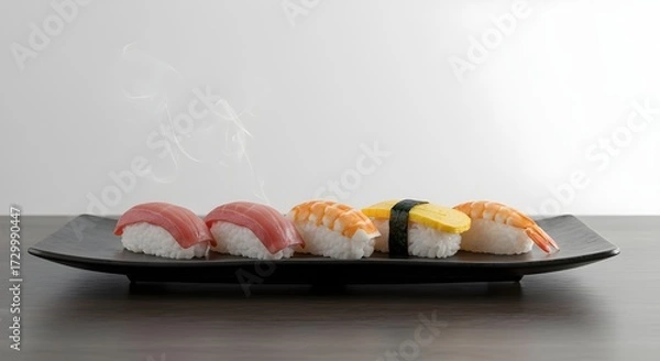 Fototapeta "A Japanese sushi platter with sashimi and nigiri, glossy textures, steam from freshly cooked rice, minimalist side angle, white background."
