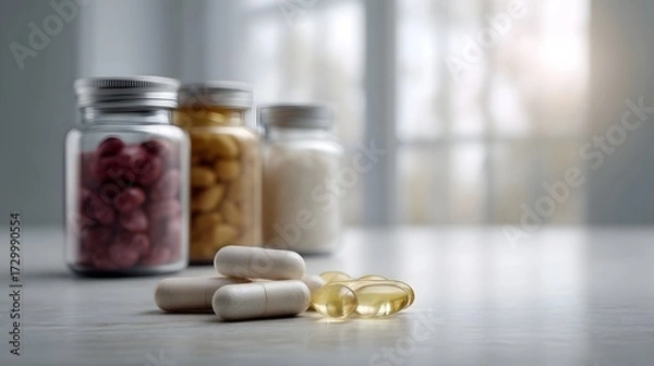 Fototapeta Assorted supplement bottles and loose pills including capsules and gel caps displayed on a clean surface with soft window light