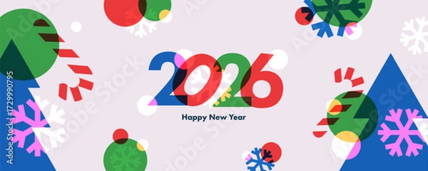 Fototapeta Happy New Year 2026 greeting banner. Trendy modern Xmas design with 2026 typography, overlay elements, candy cane, snowflake, Christmas tree. Horizontal poster, greeting card, header for website