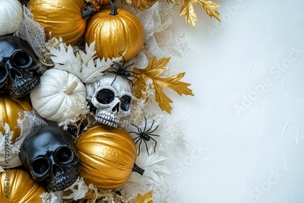 Fototapeta A festive Halloween arrangement with gold pumpkins, white pumpkins, black and gray skulls, decorative leaves and cobwebs, set against a plain white background.