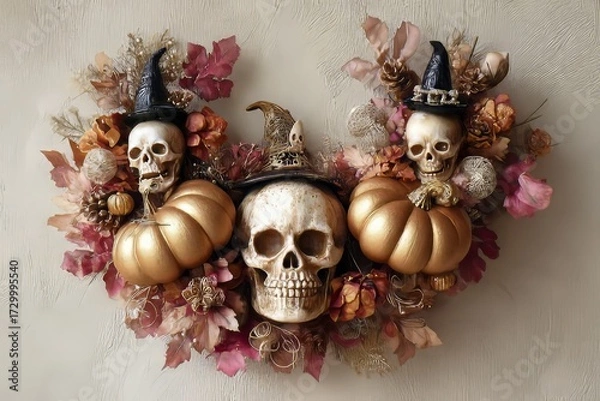 Fototapeta A decorative fall wreath, featuring stylized skulls and pumpkins, is displayed against a neutral background.