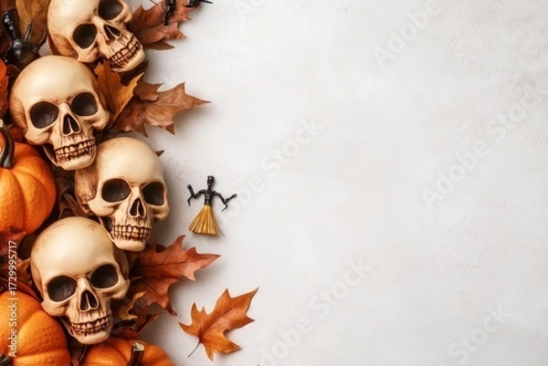Fototapeta A composition of skulls, pumpkins, and autumn leaves against a simple white background evokes a seasonal halloween theme.