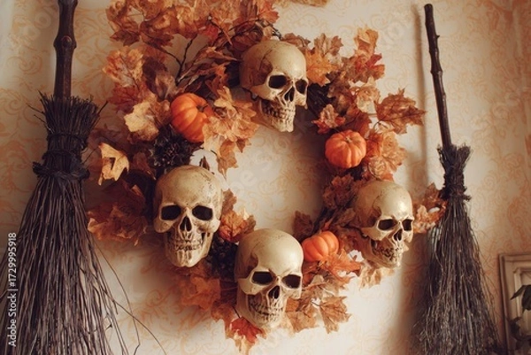 Fototapeta A decorative Halloween wreath, adorned with skulls, leaves, and pumpkins, hangs on a wall with a witch's broom.