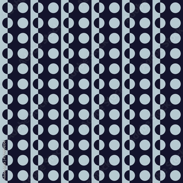 Fototapeta Pattern created from dark navy blue and silver half circles, and silver circles, on silver and dark navy blue stripes