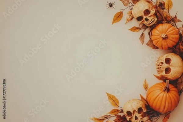 Fototapeta Autumnal Halloween decorations create a spooky border on a neutral backdrop.