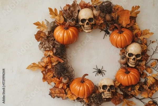 Fototapeta A circular fall wreath, crafted with decorative gourds, skulls, and autumn leaves, presents a festive and spooky autumnal display.