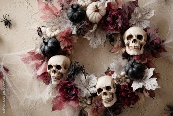 Fototapeta A decorative Halloween wreath, featuring skulls, leaves, pumpkins, and spiderwebs, adorns a beige wall.