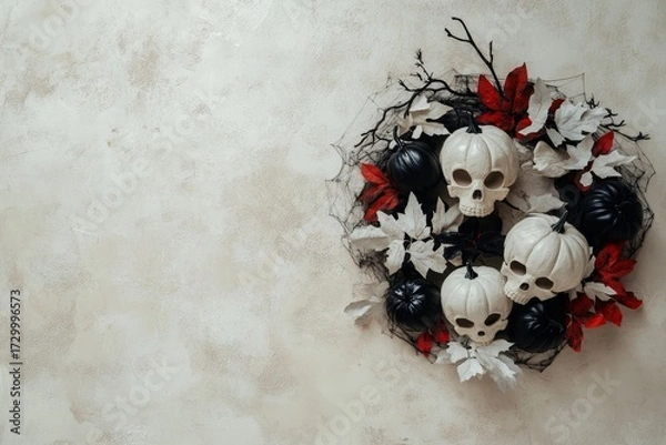 Fototapeta A spooky Halloween wreath design, featuring white and black decorative pumpkins and skulls, rests on a neutral background.