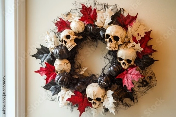 Fototapeta A decorative wreath, adorned with skulls, red and white leaves, and small pumpkins, creates a spooky Halloween ambiance.