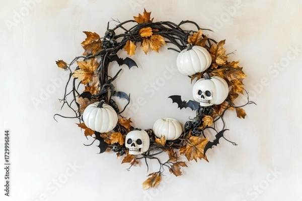 Fototapeta A circular Halloween wreath, crafted with dark brown branches, accented with white pumpkins, black bats, and decorative skulls, rests against a neutral beige wall.