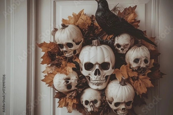 Fototapeta A decorative autumnal wreath featuring skulls and pumpkins, adorned with autumn leaves and a raven, creates a spooky yet beautiful Halloween display.