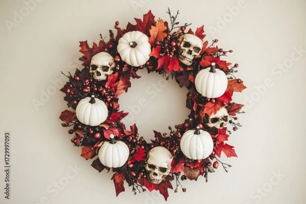 Fototapeta A circular Halloween wreath, adorned with decorative skulls, pumpkins, and autumn leaves, creates a festive fall decor.