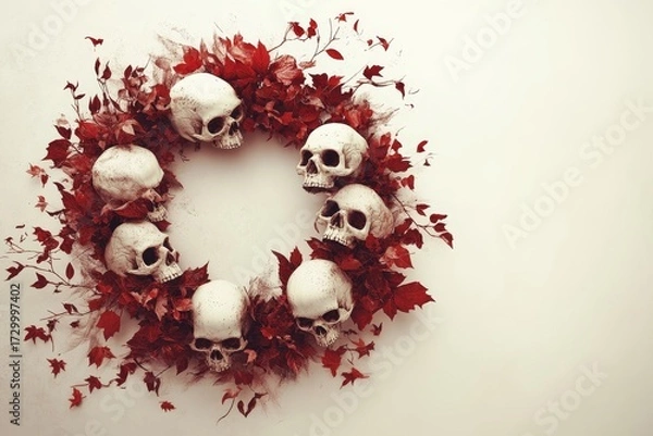 Fototapeta A circular wreath of skulls and red leaves, arranged against a light beige background, creates a captivating and eerie Halloween aesthetic.