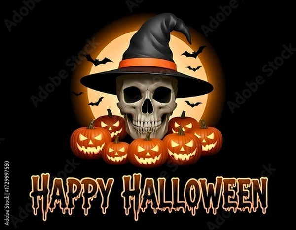 Fototapeta Happy Halloween Skull with Witch Hat and Jack-o'-Lanterns - Spooky Holiday Graphic Design - Seasonal Party Invitation and Banner
