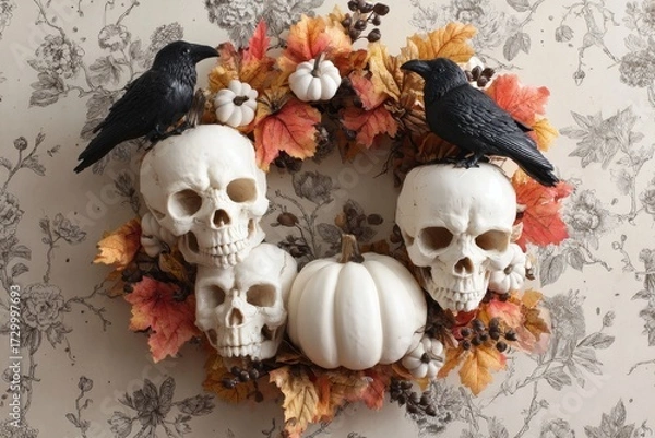 Fototapeta An autumnal wreath adorned with skulls, ravens, and pumpkins, creating a spooky yet charming Halloween decor.