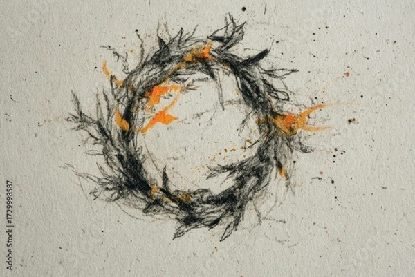 Fototapeta A circular, intricate design, sketched in dark charcoal and accented with splashes of orange, is beautifully rendered on textured cream-colored paper.