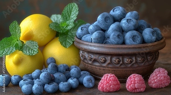 Fototapeta Healthy Food Clean Eating Selection with Fresh Vegetables Juicy Fruits Crunchy Nuts Colorful Berries Mushrooms and Parsley