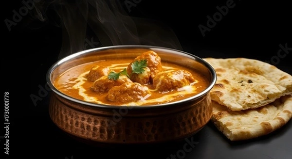 Fototapeta "Chinese hot pot with bubbling broth, steam clouds rising, fresh ingredients around, elegant composition, side perspective, dark background."