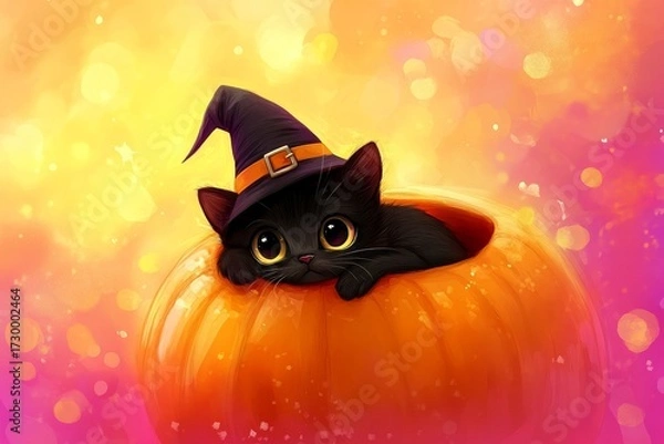 Fototapeta A charming black kitten, wearing a witch's hat, rests comfortably nestled within an orange pumpkin, creating a whimsical Halloween scene.