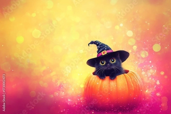Fototapeta A small, black kitten, wearing a witch's hat, sits inside an orange pumpkin against a vibrant background of warm colors.