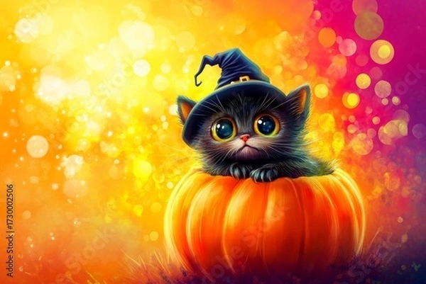 Fototapeta A charming black kitten, wearing a witch's hat, sits nestled within an orange pumpkin, against a backdrop of warm autumnal colors.