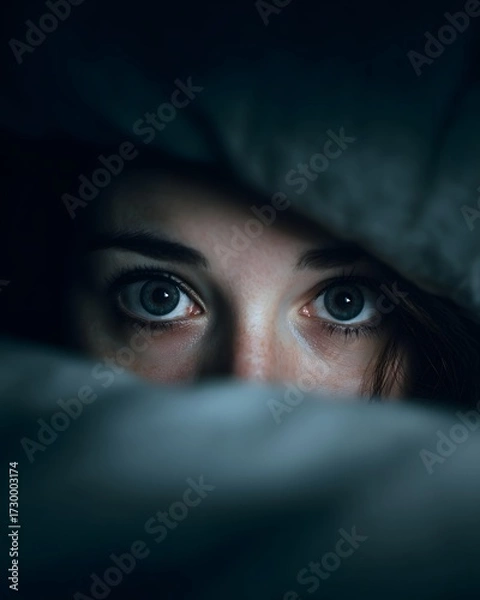 Fototapeta Person lying awake at night wide eyes insomnia