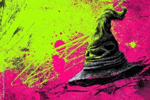 Fototapeta A stylized, vibrant depiction of a wizarding hat against a backdrop of bright pink and lime-green paint splatters.