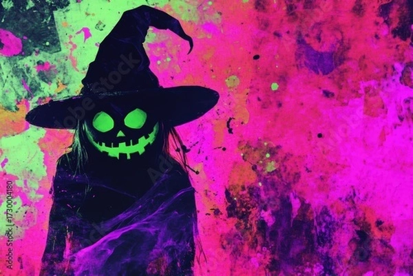Fototapeta A vibrant figure in a witch's hat, adorned with a glowing jack-o'-lantern face, is set against a backdrop of vibrant, painterly colors.