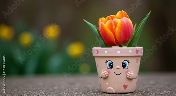 Fototapeta Vibrant tulip in decorative pot against blurred background
