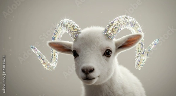 Fototapeta White ram portrait with textured horns against a neutral backdrop