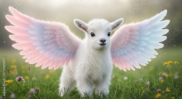 Fototapeta Winged lamb fantasy creature in a meadow with pastel wings
