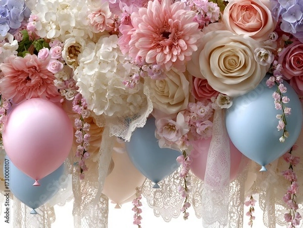 Fototapeta Pastel colored balloons float amid a lush floral arrangement with roses and lace in a festive setting.