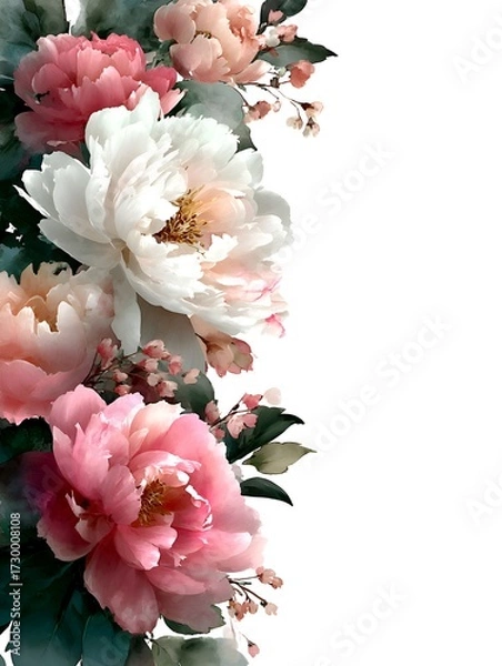 Fototapeta Watercolor peonies create an elegant floral border on a white background ideal for stationery design use.