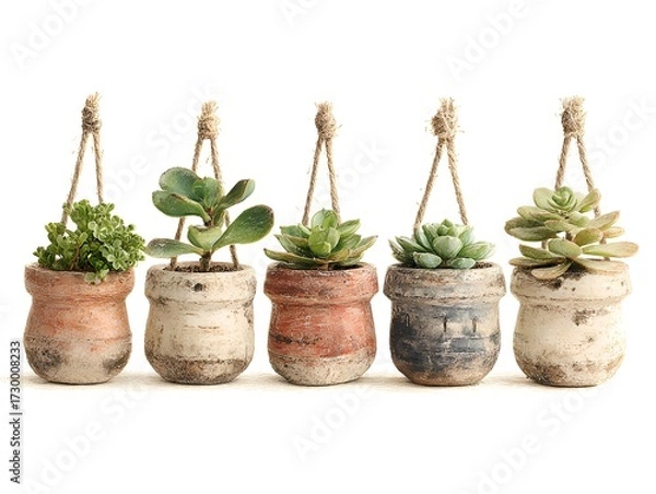 Fototapeta Five small succulent plants hang in rustic terracotta pots suspended with twine on a clean white background.