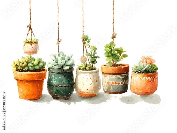 Fototapeta Watercolor succulents are displayed hanging from above in varying pots with a bright white background scene.