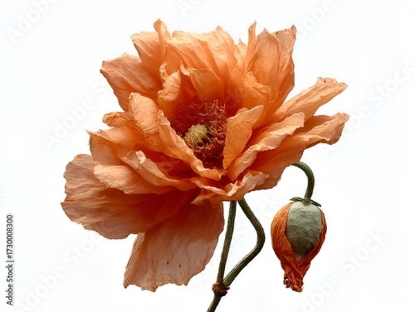 Fototapeta Close up of a single orange poppy flower with a closed bud set against a clean white studio background today.