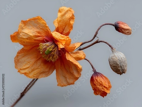 Fototapeta Vibrant orange poppy flower with delicate papery petals and seed pods displayed against a gray background today.