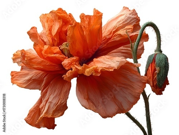 Fototapeta An orange poppy flower in full bloom displays fragile petals against a plain white studio background now.