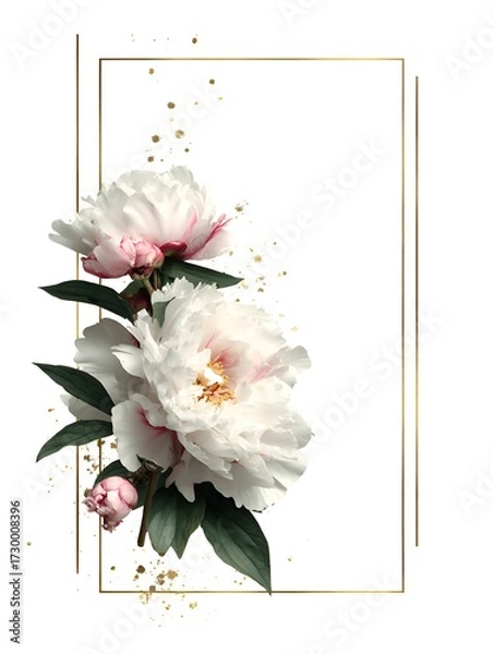 Fototapeta Elegant white peonies adorned with a delicate golden frame creating a sophisticated and floral aesthetic.