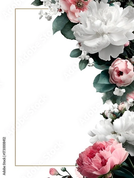 Fototapeta Elegant floral arrangement features white and pink peonies with lush green leaves on a gold rectangular frame.