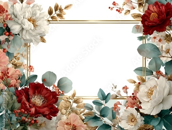 Fototapeta Elegant floral frame with peonies and eucalyptus branches creates a beautiful design for wedding cards.